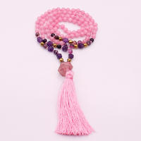 6MM Pink Colorful Jade Stone & Section Amethyst Beads Mala Yoga Necklace