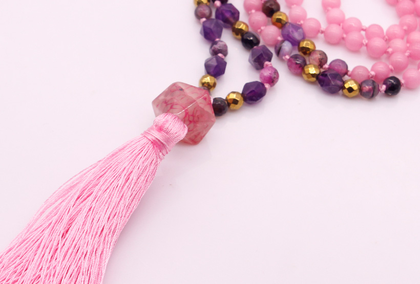 6MM Pink Colorful Jade Stone & Section Amethyst Beads Mala Yoga Necklace