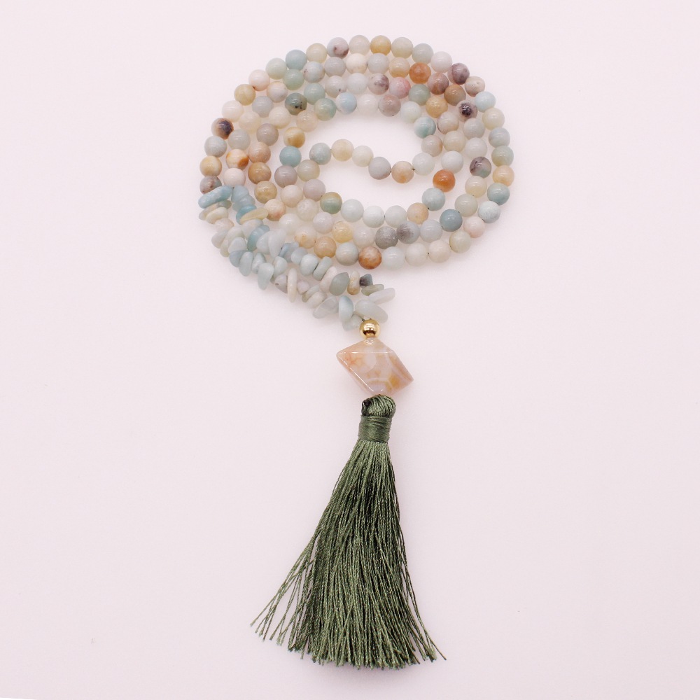 6MM Amazonite Beads & Chips Pendant Tassel Necklace