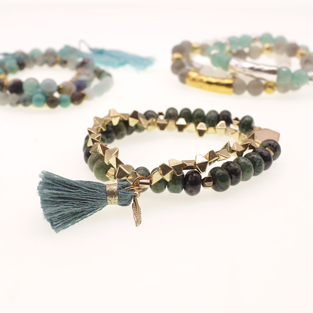 African Turquoise & Hematite Beads Tassel Bracelet