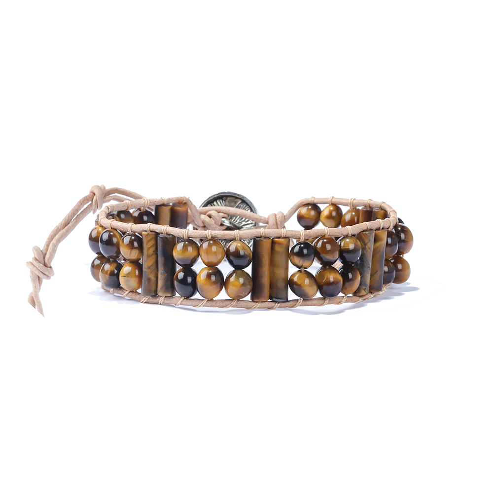 Handmade Adjustable Leather Wrap Round Beaded Real Natural Stone Men Tiger Eye Bracelet