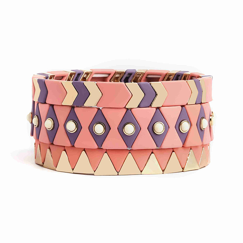 Bohemian Handmade Elastic Stretch Stack Bangle Cuff Gold Pink Square Arrow Tile Metal Alloy Bead Enamel Painted Bracelet