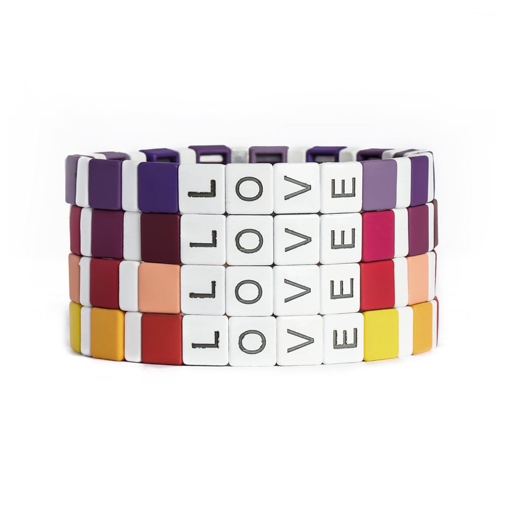 4 pcs Stack Rainbow Colorful Enamel Tile Bead Stretchy Love Alphabet Letter Bracelet