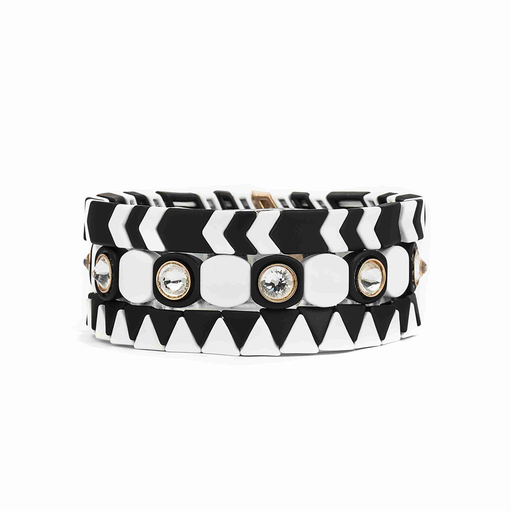Bling Rhinestone Classic Black White Mixed Color Painted Metal Alloy Bead Stretch Tile Enamel Cuff Bracelet