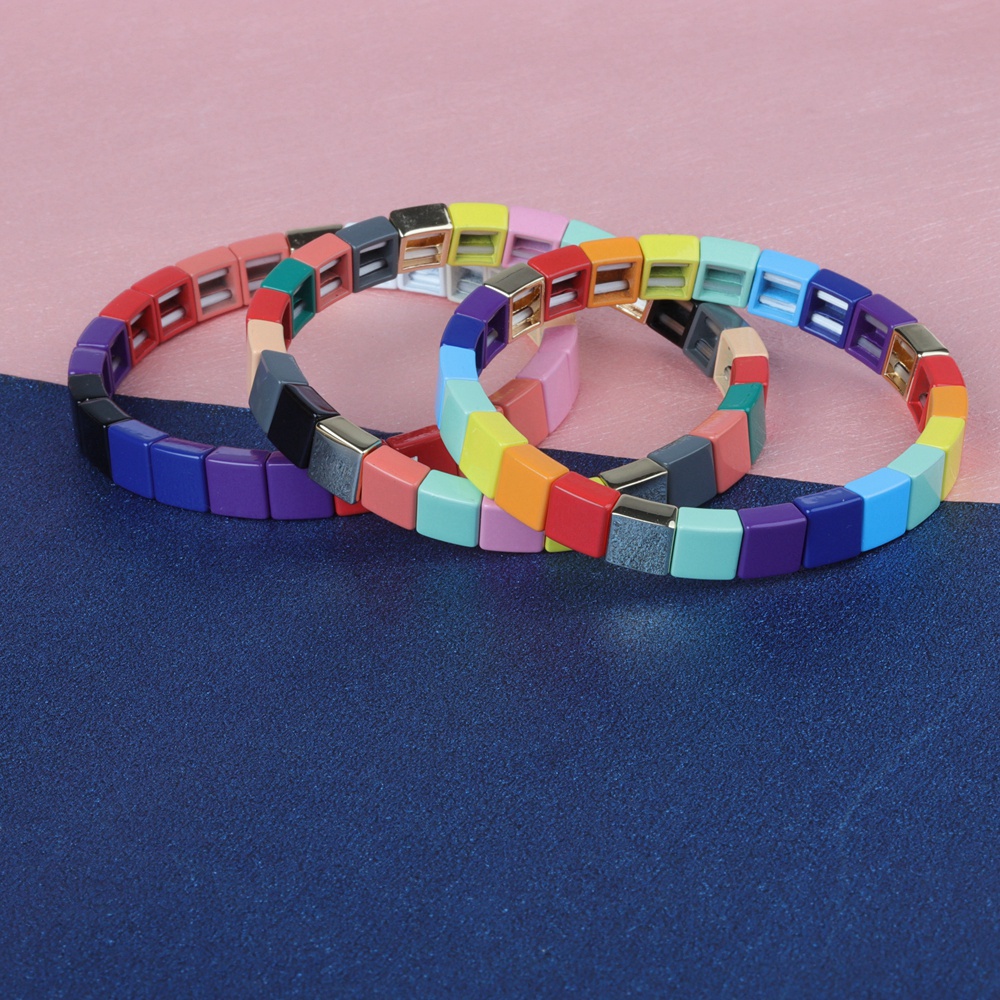 Stackable Square Shaped Rainbow Colorful Tile Enamel Bracelet Wholesale Jewelry